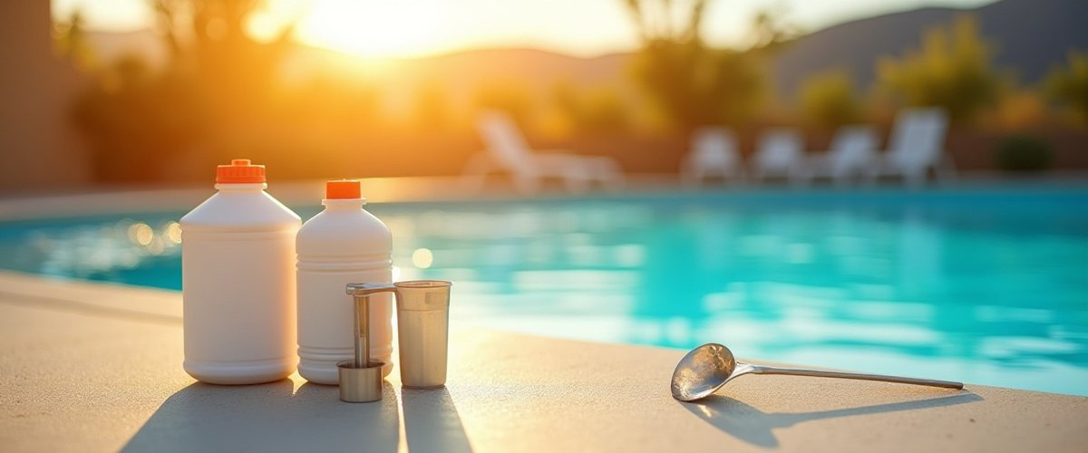 Water chemistry test kit beside a Yuma residential pool