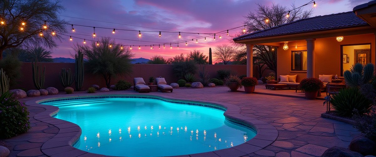 Residential swimming pool in Yuma with desert landscape and bright sunlight