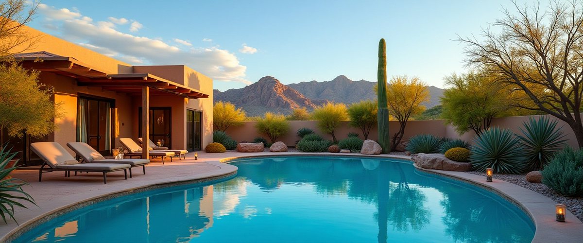 Pool technician skimming a residential pool in Yuma under bright Arizona sun